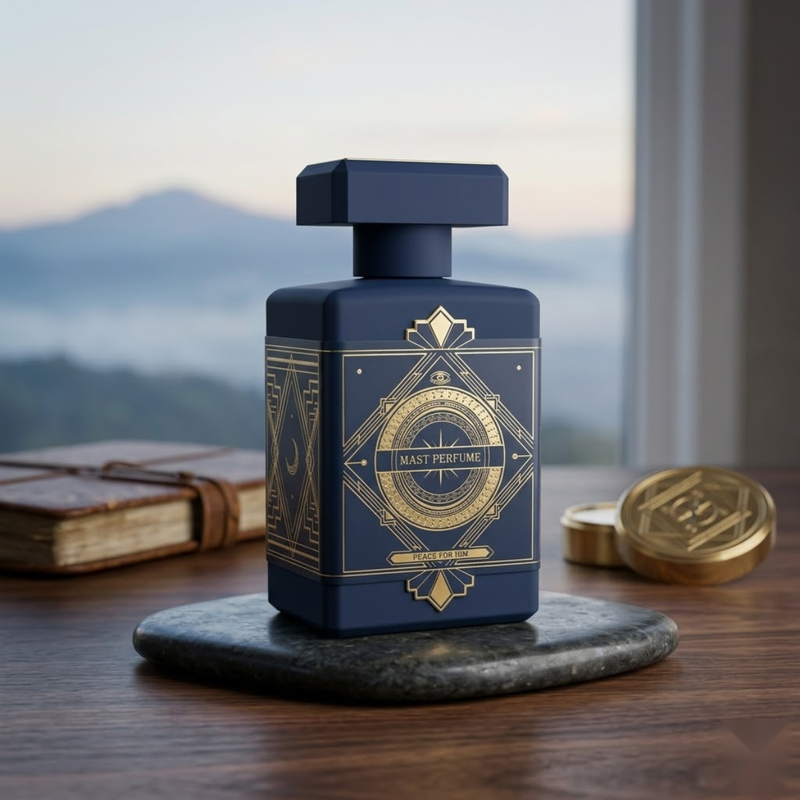 "Mast Parfume Peace for Him EDP Spray 3.4oz / 100ml for Men blue perfume bottle displayed on a table near a window."