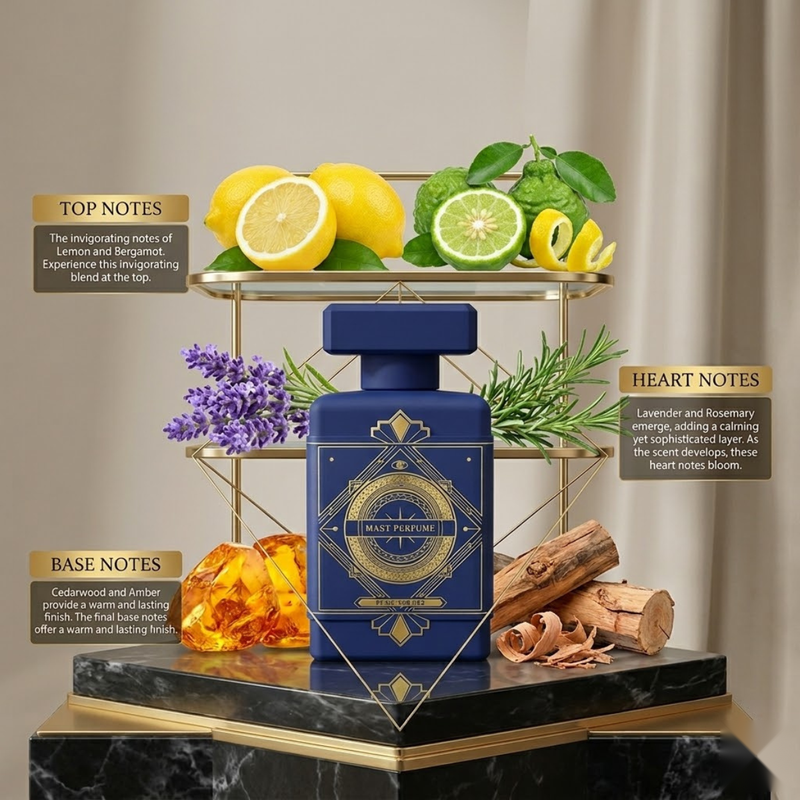 "Mast Parfume Peace for Him EDP Spray 3.4oz / 100ml for Men blue perfume bottle displayed with lemon, lime, lavender, amber and fragrance ingredients."