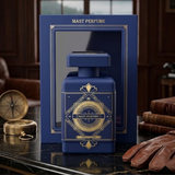 "Mast Parfume Peace for Him perfume bottle and blue branded box displayed with a decorative background."