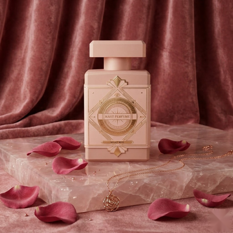 "Mast Parfume Velvet Rose EDP Spray 3.4oz / 100ml for Women pink perfume bottle displayed on pink fabric with rose petals."