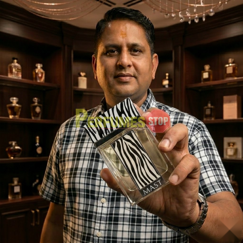 "Perfumes Stop owner holding a bottle of Mast Wild Life Pour Homme EDP Spray 3.4oz / 100ml."