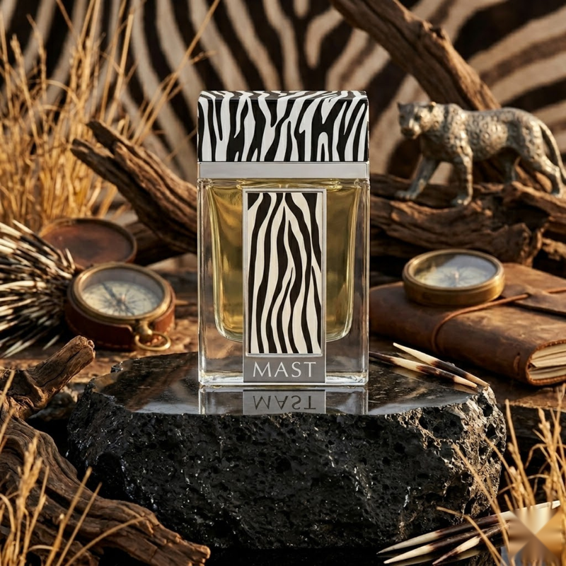 "Mast Wild Life Pour Homme EDP Spray 3.4oz / 100ml perfume bottle displayed with a zebra-patterned background and wooden accessories."