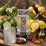 "Mast Wild Life Pour Homme EDP Spray 3.4oz / 100ml perfume bottle and matching branded box displayed with citrus fruits and spices."