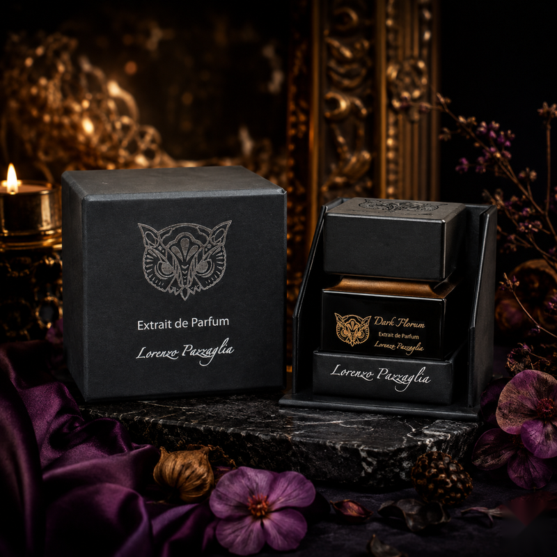 "A bottle of Lorenzo Pazzaglia Dark Florum Extrait de Parfum with its matching black packaging box, set against a dark, elegant background with purple flowers and warm golden lighting."