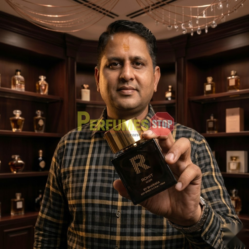 "Perfumes Stop owner holding a bottle of Rohit Noir by Bharara EDP Spray 3.4oz for Men."