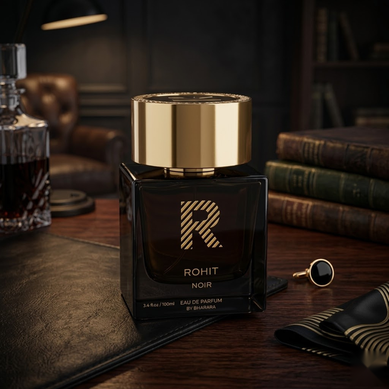 "Rohit Noir by Bharara EDP Spray 3.4oz for Men black perfume bottle displayed on a wooden table."