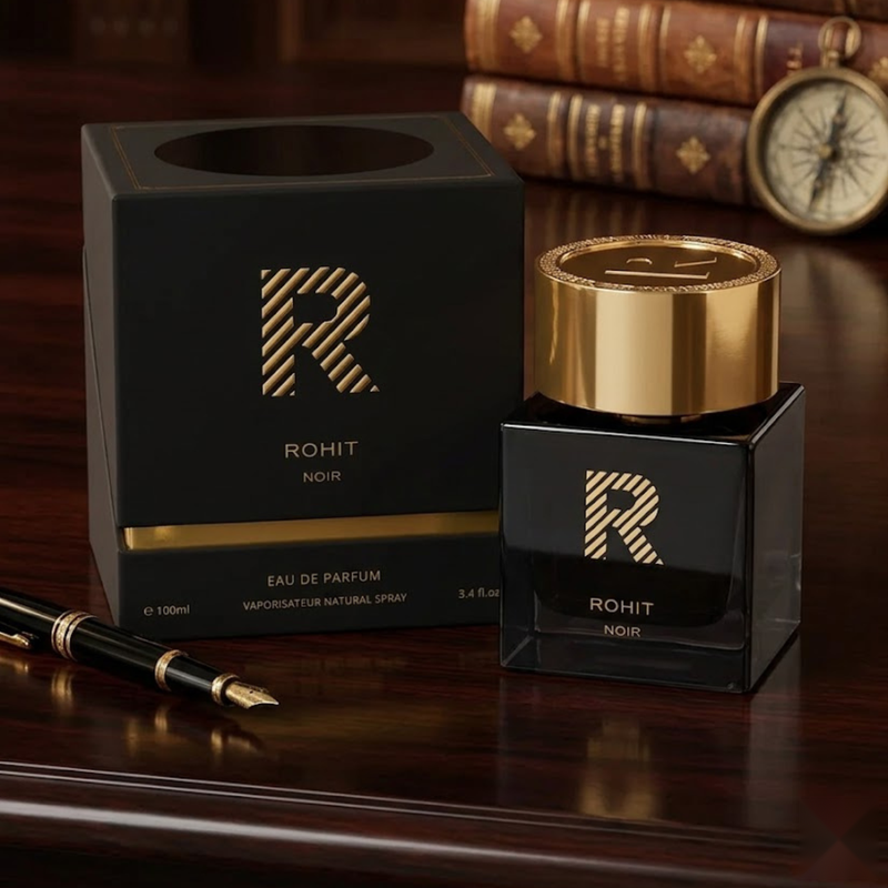 "Rohit Noir by Bharara EDP Spray 3.4oz for Men black perfume bottle and branded box."