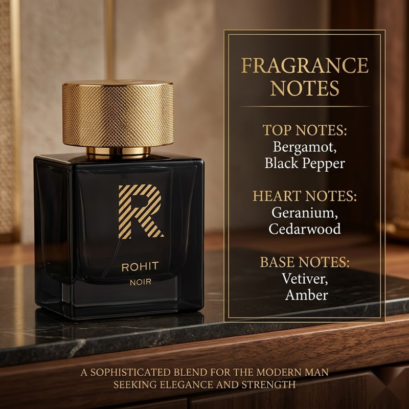 "Rohit Noir by Bharara perfume bottle displayed with fragrance note imagery and books."