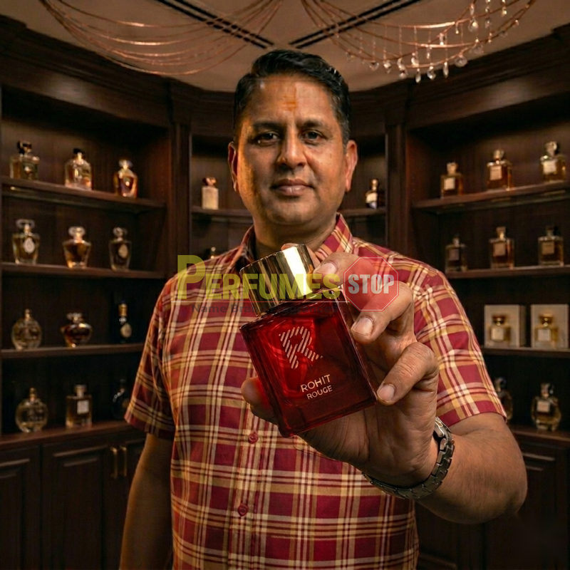 "Perfumes Stop owner holding a bottle of Rohit Rouge by Bharara EDP Spray 3.4oz for Men."
