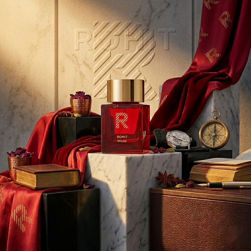 "Rohit Rouge by Bharara EDP Spray 3.4oz for Men red perfume bottle displayed with a red and gold decorative background."