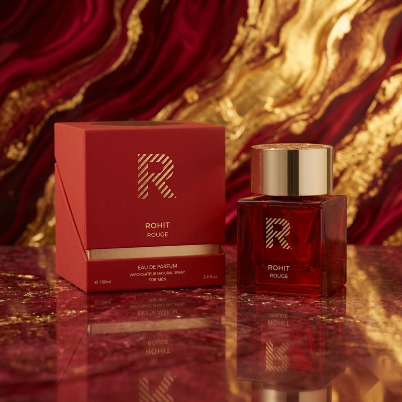 "Rohit Rouge by Bharara EDP Spray 3.4oz for Men red perfume bottle and branded box."
