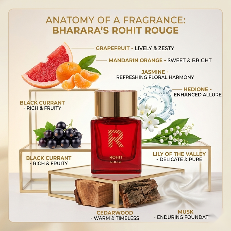 "Rohit Rouge by Bharara perfume bottle surrounded by citrus fruits, flowers and fragrance ingredients."