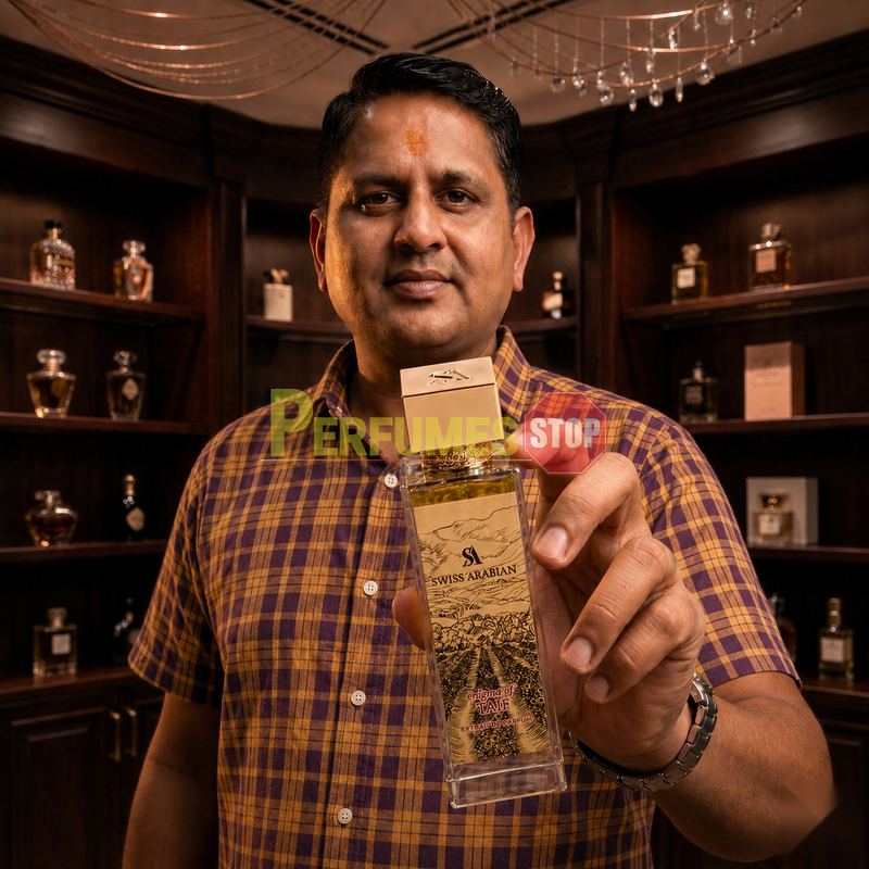 "Perfumes Stop owner holding a bottle of Swiss Arabian Enigma of Taif Extrait de Parfum"