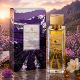 "A bottle of Swiss Arabian Enigma of Taif Extrait de Parfum with its matching purple packaging box, featuring floral decorations, set against a warm, elegant background with soft golden lighting."