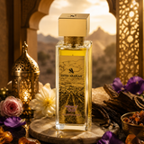 "A perfume bottle labeled 'Enigma of Taif' by Swiss Arabian, styled with cardamom, black pepper, pink pepper, elemi, plum, Taif rose, saffron, violet, olibanum, osmanthus, and other fragrance ingredients against a dark, luxurious background with warm lighting."