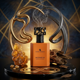 "A Swiss Arabian Incense 01 perfume bottle with an orange label and black cap, displayed against a dramatic dark background with swirling smoke and warm golden lighting."
