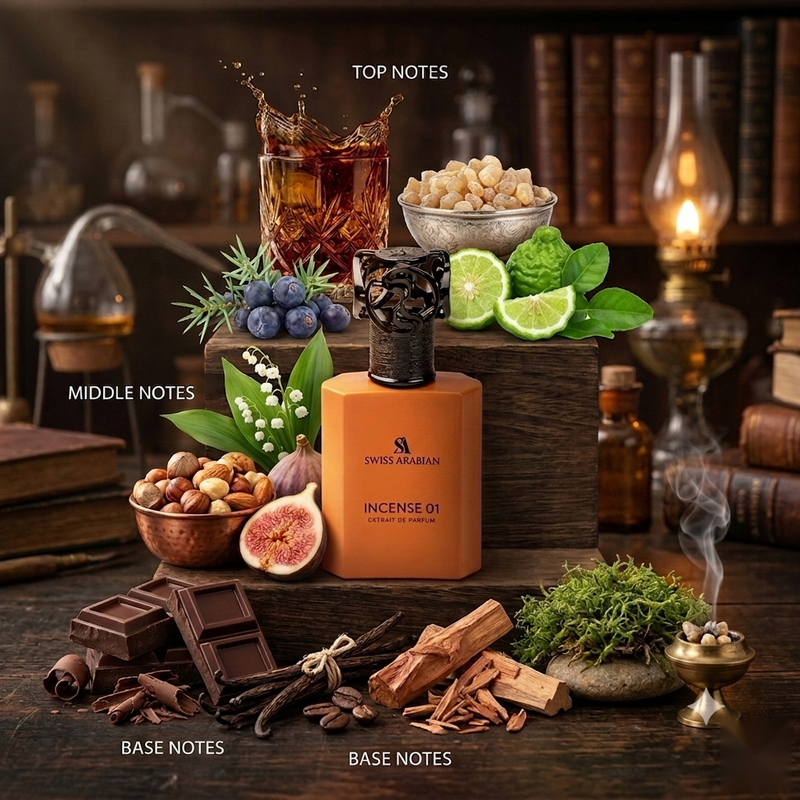 "A perfume bottle labeled 'Incense 01' by Swiss Arabian, styled with juniper, bergamot, figs, roasted almonds, hazelnuts, sandalwood, cedarwood, vanilla, dark chocolate, moss, and other fragrance ingredients against a dark, smoky background with warm lighting."