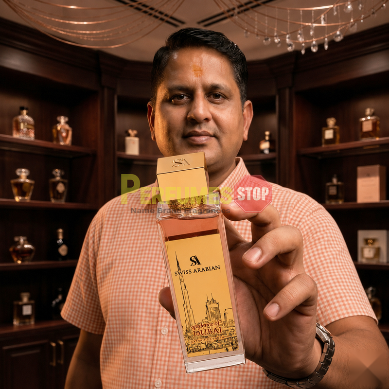 "Perfumes Stop owner holding a bottle of Swiss Arabian Opulence of Dubai Extrait de Parfum"