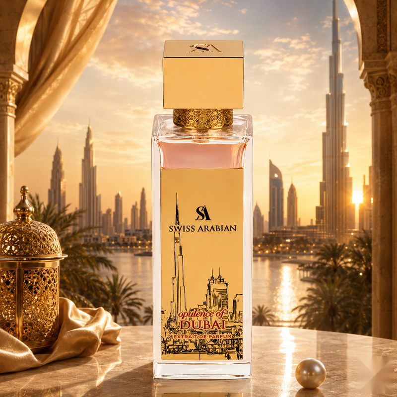"A Swiss Arabian Opulence of Dubai perfume bottle with a gold cap and cream-colored label, displayed against a luxurious golden architectural background with warm lighting."