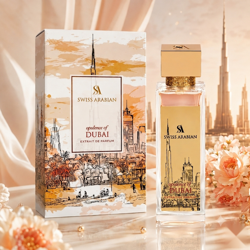 A bottle of Swiss Arabian Opulence of Dubai Extrait de Parfum with its matching white packaging box, featuring floral and citrus decorations, set against an elegant warm golden background with soft lighting."