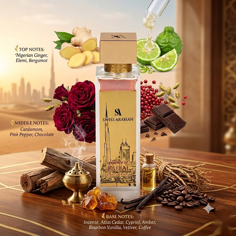 "A perfume bottle labeled 'Opulence of Dubai' by Swiss Arabian, styled with bergamot, ginger, lemon, rose, cardamom, pink pepper, chocolate, spices, and other fragrance ingredients against a luxurious golden background with warm lighting."