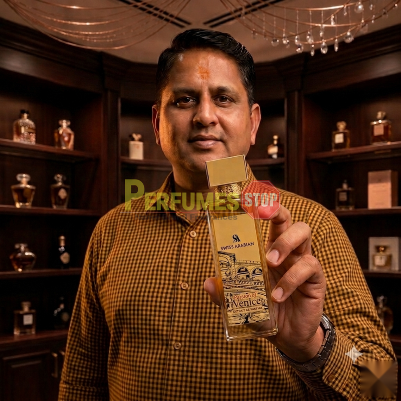 "Perfumes Stop owner holding a bottle of Swiss Arabian Passion of Venice Extrait de Parfum"