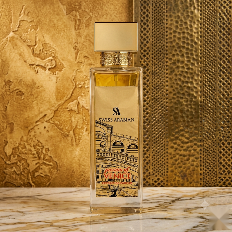 "A Swiss Arabian Passion of Venice perfume bottle with a gold cap and cream-colored label, displayed against a warm golden background with botanical details and soft lighting."