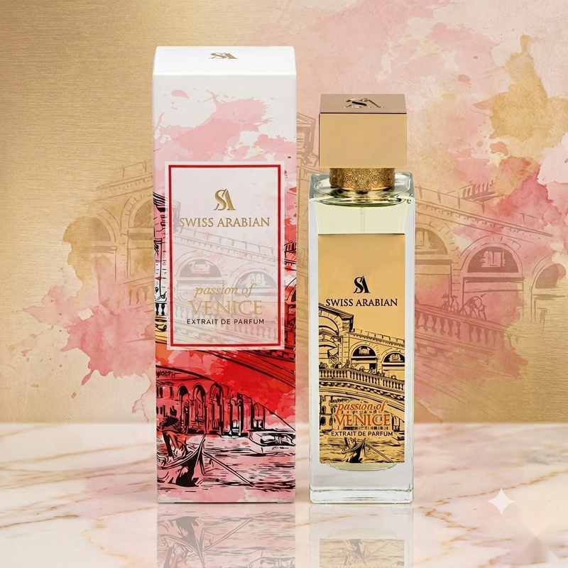 "A bottle of Swiss Arabian Passion of Venice Extrait de Parfum with its matching pink and white packaging box, featuring floral decorations, set against a soft pink and golden background with warm lighting."