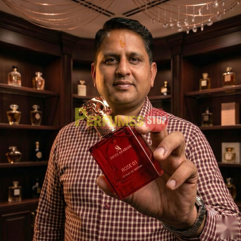 "Perfumes Stop owner holding a bottle of Swiss Arabian Rose 01 Extrait de Parfum"