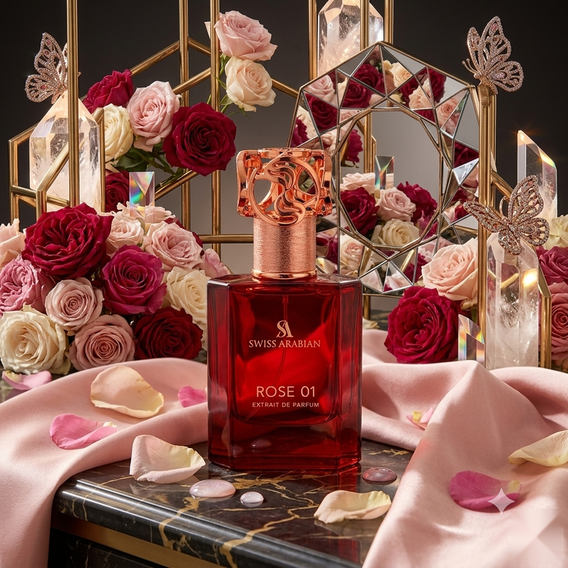 "A red perfume bottle labeled 'Rose 01' by Swiss Arabian, displayed on a table surrounded by pink roses and decorative flowers against a warm, elegant background with soft lighting."