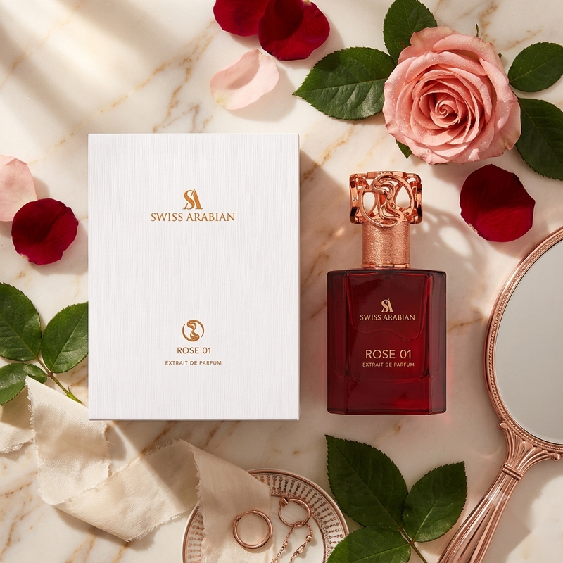 "A bottle of Swiss Arabian Rose 01 Extrait de Parfum with its matching white packaging box, featuring pink roses and other decorative flowers, set against a soft floral background with warm lighting."