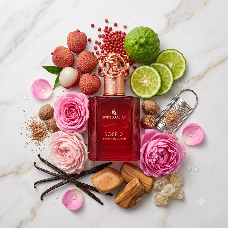 "A perfume bottle labeled 'Rose 01' by Swiss Arabian, styled with citrus slices, lychee, pink roses, spices, and other fragrance ingredients against a white marble background with soft lighting."