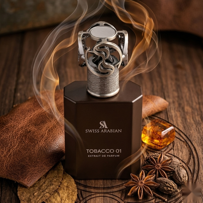 Swiss Arabian Tobacco 01 perfume bottle with a metallic silver lighter-shaped cap, styled on a dark wooden surface with a leather pad, amber liquid, star anise, and smoke effects.
