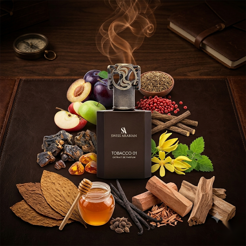 Swiss Arabian Tobacco 01 Extrait de Parfum bottle displayed on a dark brown leather mat surrounded by its scent ingredients, including tobacco leaves, vanilla, amber honey, spices, and fruits, with a steaming effect above the bottle.