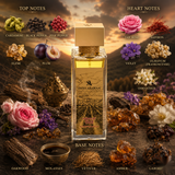 "A perfume bottle labeled 'Enigma of Taif' by Swiss Arabian, styled with cardamom, black pepper, pink pepper, elemi, plum, Taif rose, saffron, violet, olibanum, osmanthus, and other fragrance ingredients against a dark, luxurious background with warm lighting."