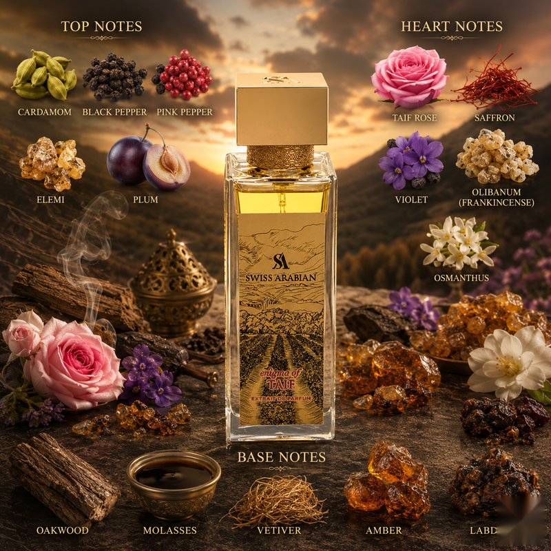 "A perfume bottle labeled 'Enigma of Taif' by Swiss Arabian, styled with cardamom, black pepper, pink pepper, elemi, plum, Taif rose, saffron, violet, olibanum, osmanthus, and other fragrance ingredients against a dark, luxurious background with warm lighting."