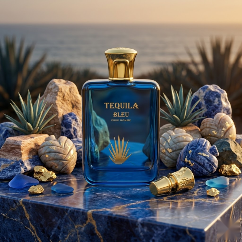 "Tequila Bleu Pour Homme EDP Spray 3.3oz / 100ml blue perfume bottle displayed with blue flowers and decorative accessories."