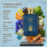 "Tequila Bleu Pour Homme perfume bottle surrounded by citrus fruits, blue flowers and fragrance ingredients."