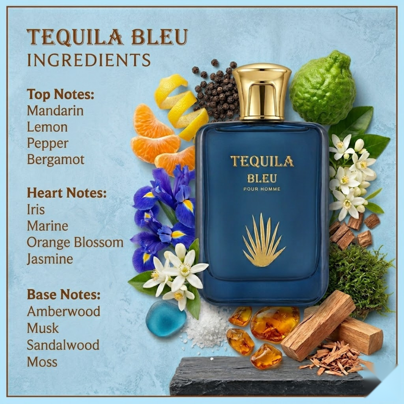 "Tequila Bleu Pour Homme perfume bottle surrounded by citrus fruits, blue flowers and fragrance ingredients."