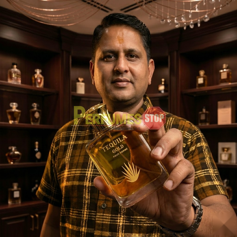 "Perfumes Stop owner holding a bottle of Tequila Gold Pour Homme EDP Spray 3.3oz / 100ml."