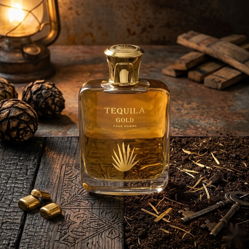 "Tequila Gold Pour Homme EDP Spray 3.3oz / 100ml amber perfume bottle displayed on a wooden table."