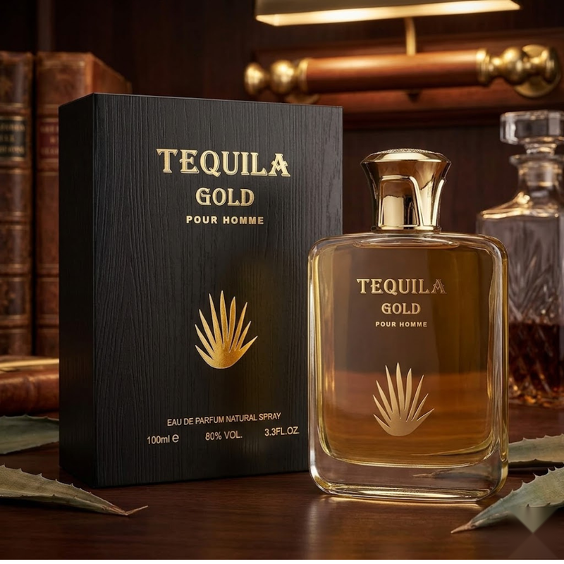 "Tequila Gold Pour Homme EDP Spray 3.3oz / 100ml amber perfume bottle and black branded box."