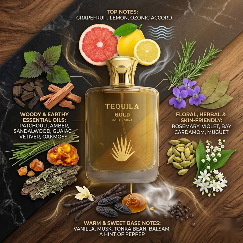 "Tequila Gold Pour Homme perfume bottle surrounded by citrus fruits, spices and fragrance ingredients."
