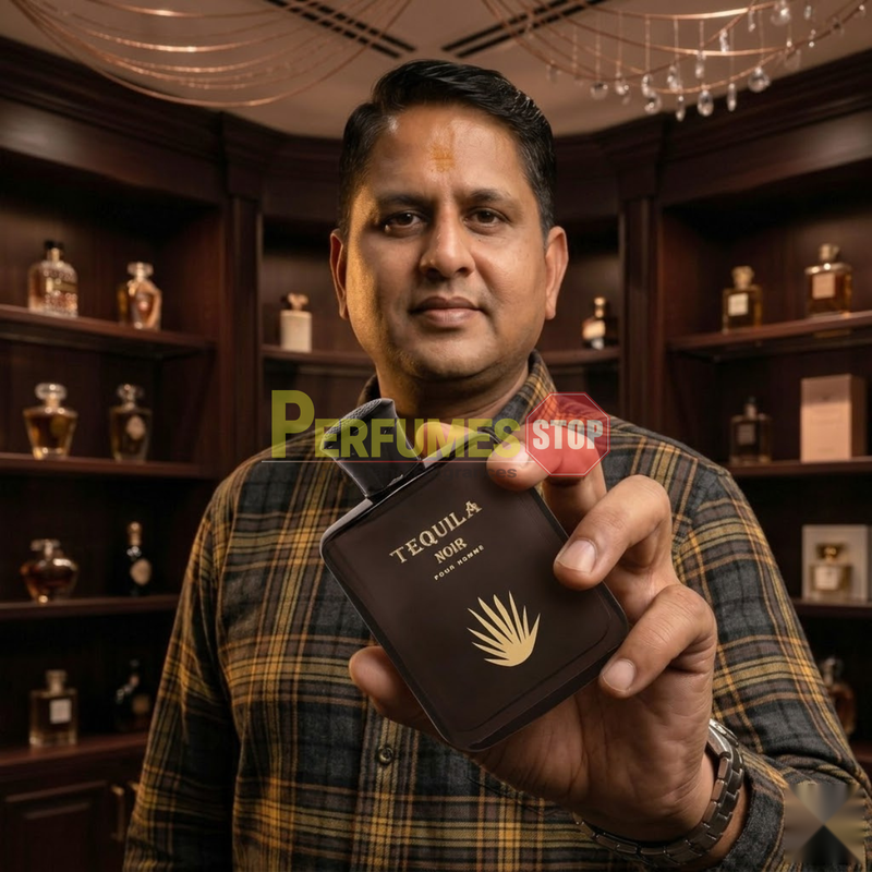 "Perfumes Stop owner holding a bottle of Tequila Noir Pour Homme EDP Spray 3.3oz / 100ml."