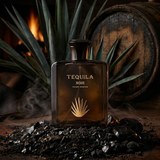 "Tequila Noir Pour Homme EDP Spray 3.3oz / 100ml dark amber perfume bottle displayed with a dark decorative background."