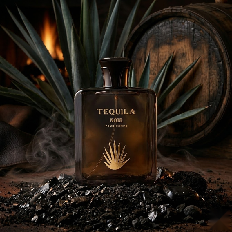"Tequila Noir Pour Homme EDP Spray 3.3oz / 100ml dark amber perfume bottle displayed with a dark decorative background."