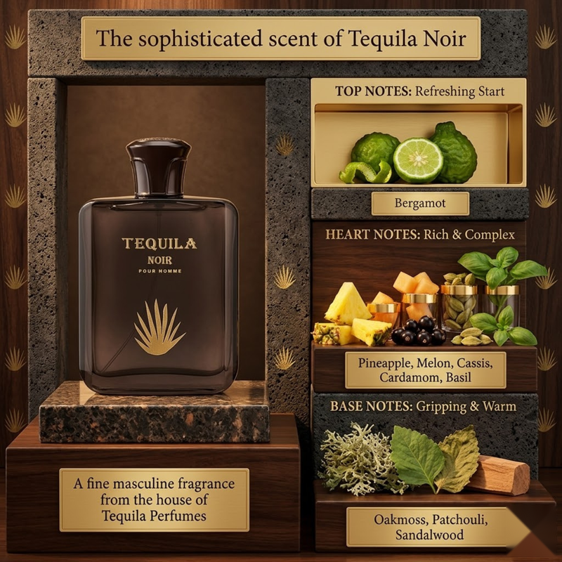 "Tequila Noir Pour Homme perfume bottle displayed with fragrance ingredients and a decorative background."