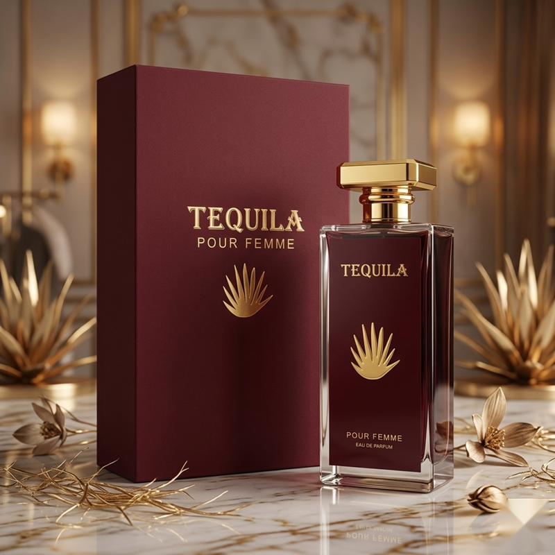 "Tequila Pour Femme EDP Spray 3.3oz + 0.17oz / 100ml + 5ml perfume bottle and matching burgundy box.