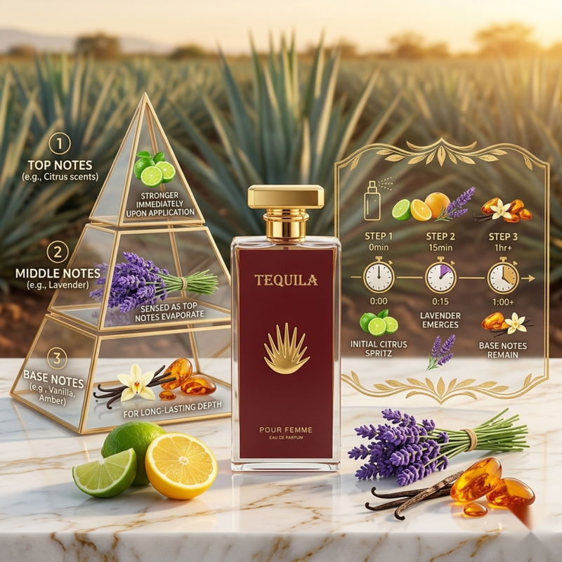 "Tequila Pour Femme perfume bottle displayed with citrus fruits, flowers and decorative fragrance ingredients."