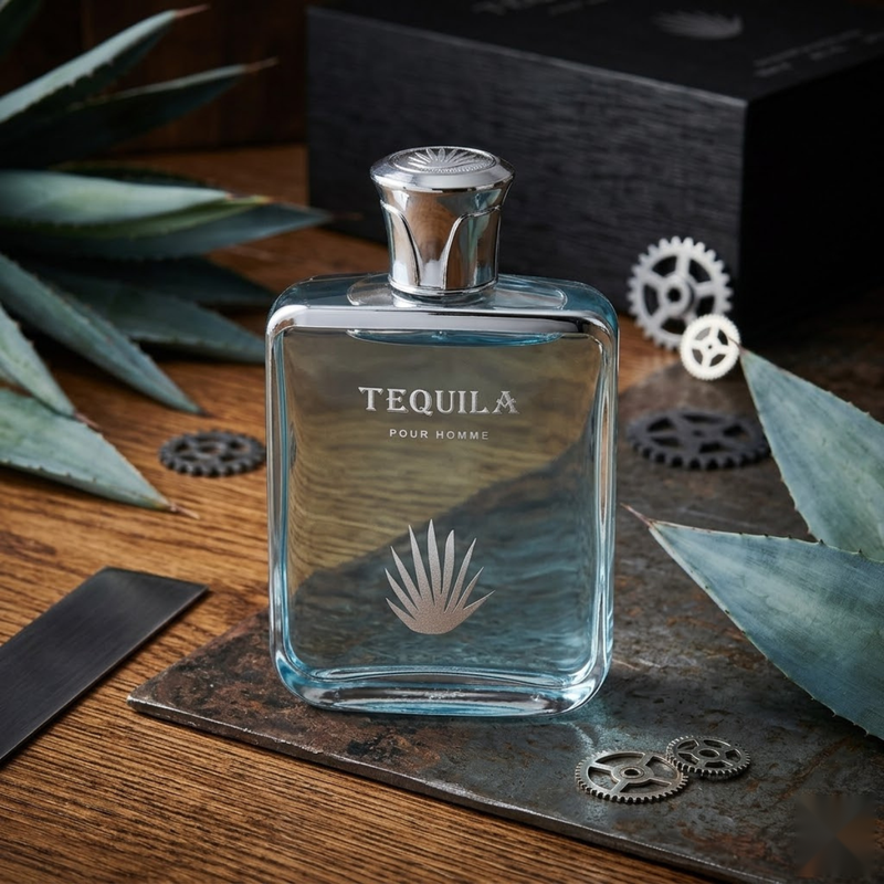 "Tequila Pour Homme EDP Spray 3.3oz / 100ml blue perfume bottle displayed with coffee beans."